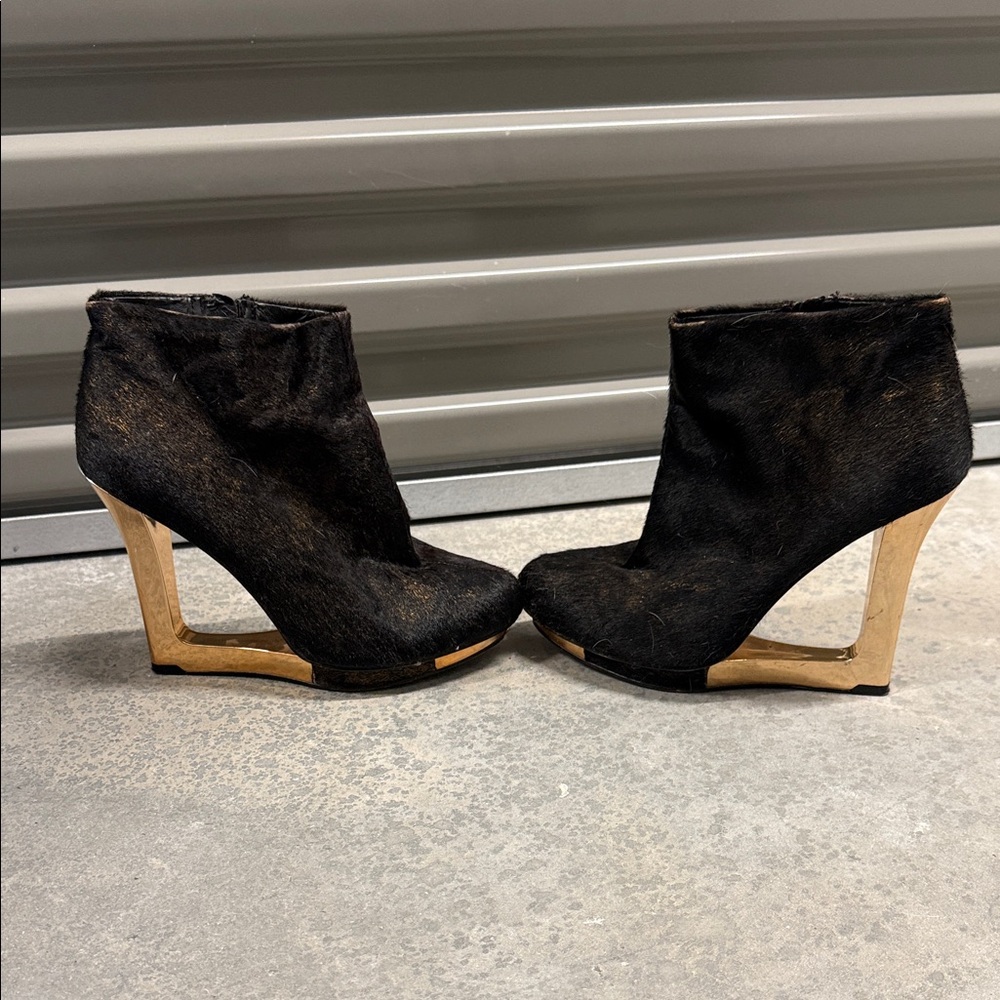 BCBGMaxAzria Black and Tan Wedge Ankle Boots